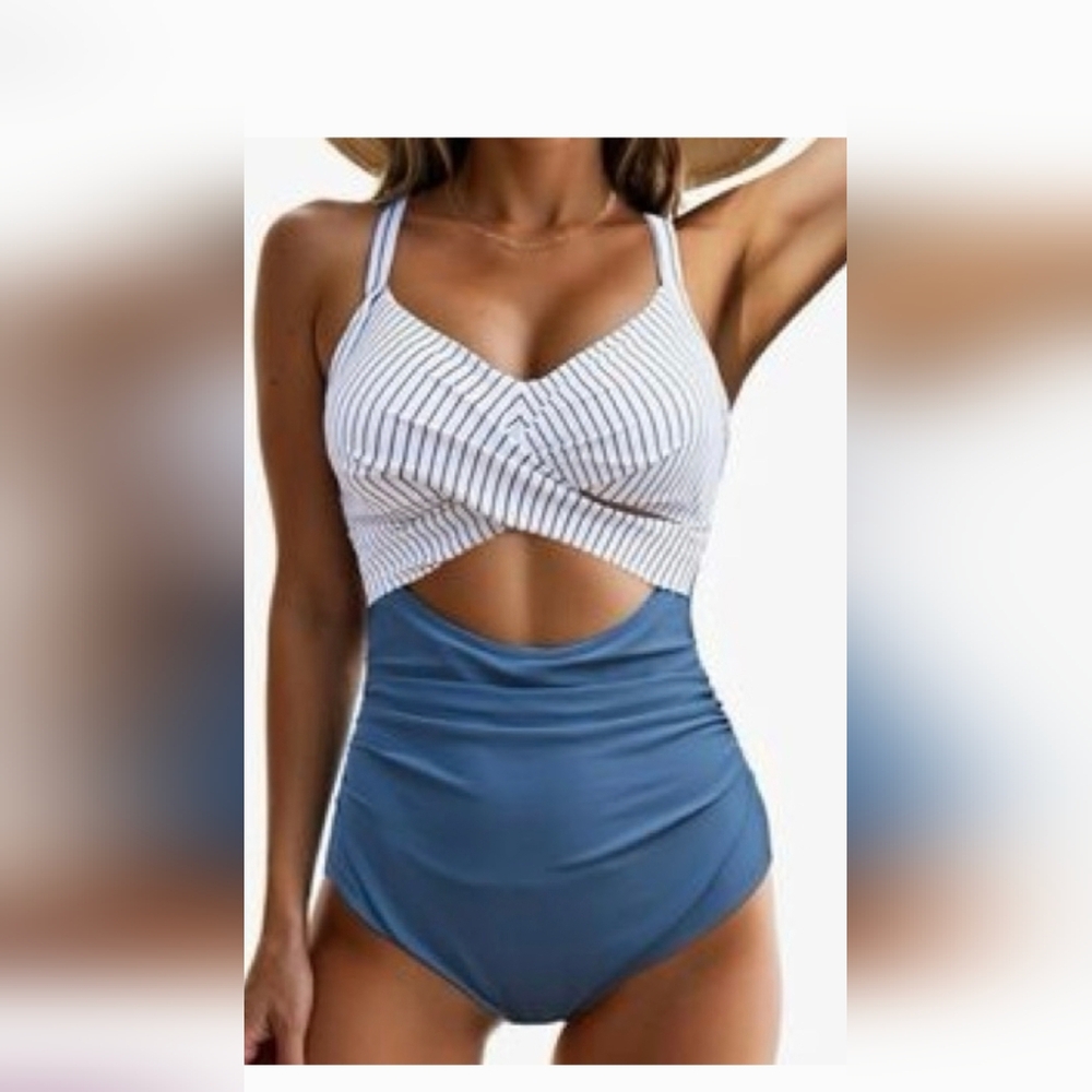 Striped White & Blue Cutout One-Piece Swimsuit